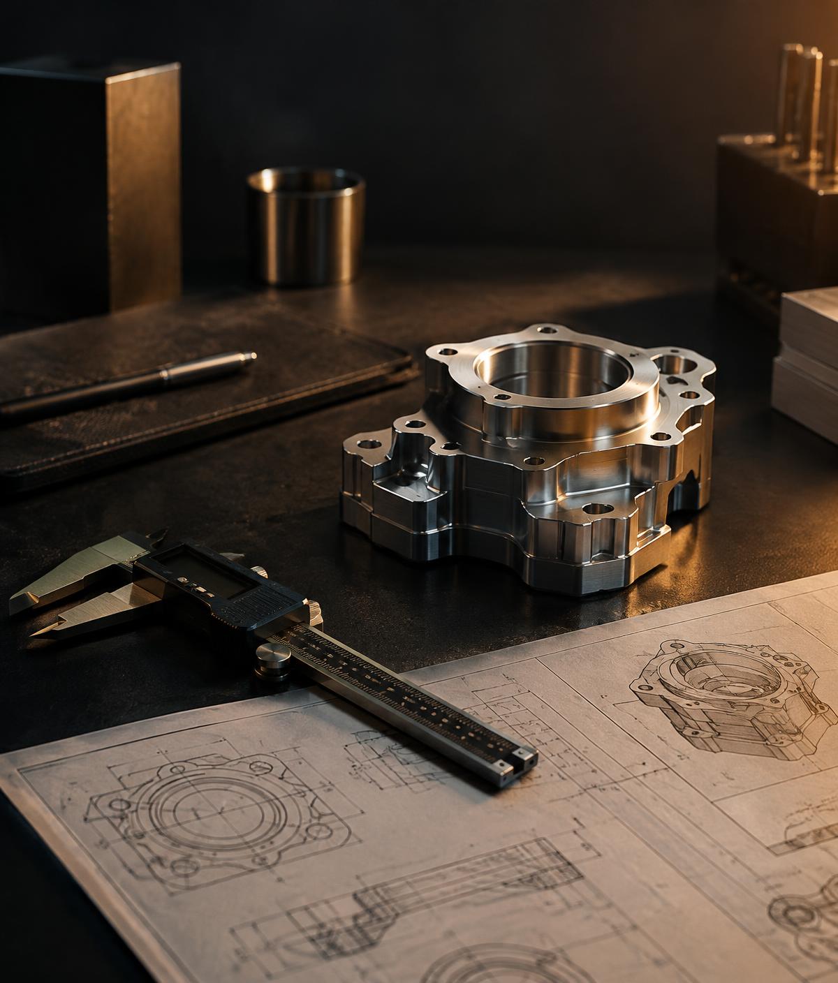 Machined prototype component with engineering drawings
